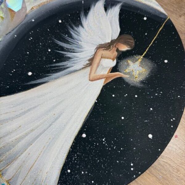 Andělský, velmi silný a ochranný obraz v energiích novoluní s aura křišťálem | Hvězda nových začátků | 30 cm Svítí ve tmě