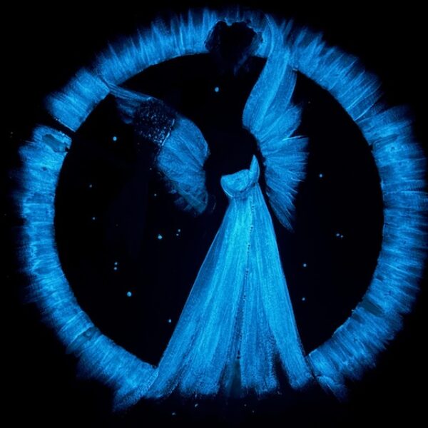 Velmi silný, úplňkový obraz s ametysty a vážkou svítící ve tmě | Obejmi své stíny | 50 cm