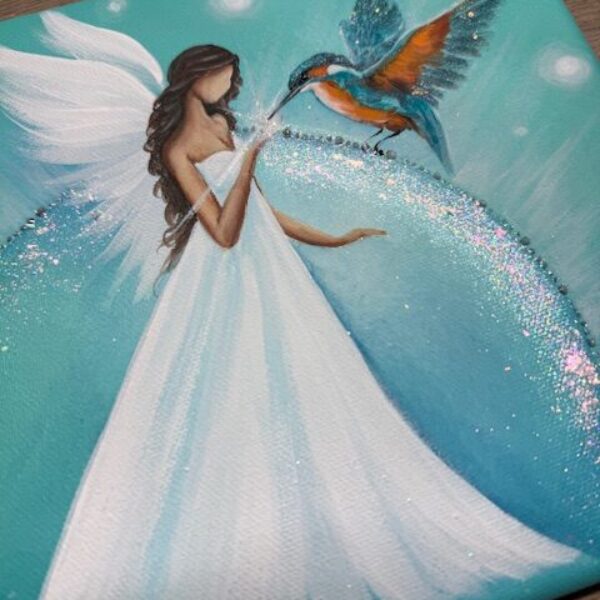 Andělský ochranný obraz s ledňáčkem | Dotek hojnosti | 20x20 cm