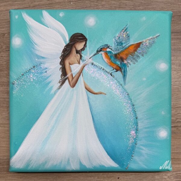 Andělský ochranný obraz s ledňáčkem | Dotek hojnosti | 20x20 cm