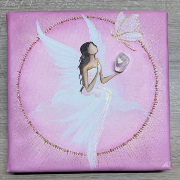 Andělský obraz s poselstvím | Tichá laskavá proměna | 20x20 cm svítí ve tmě | Růžový