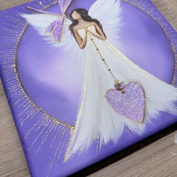 Andělský obraz s poselstvím | Tichá laskavá proměna | 20x20 cm svítí ve tmě | Fialový