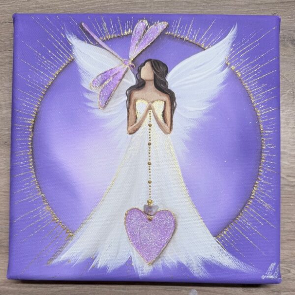 Andělský obraz s poselstvím | Tichá laskavá proměna | 20x20 cm svítí ve tmě | Fialový