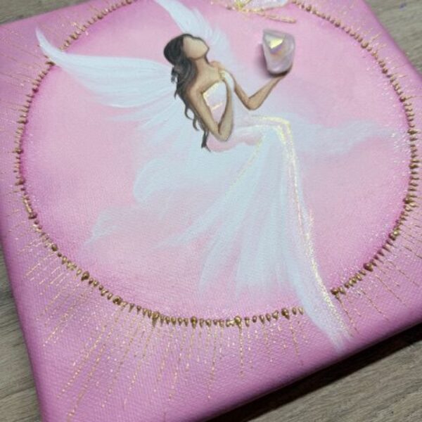 Andělský obraz s poselstvím | Tichá laskavá proměna | 20x20 cm svítí ve tmě | Růžový