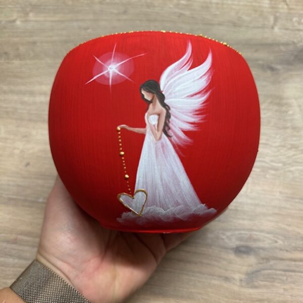 Andělský ručně malovaný obal na květiny | Dotek ticha | horní průměr 11 cm | Třešňově červený