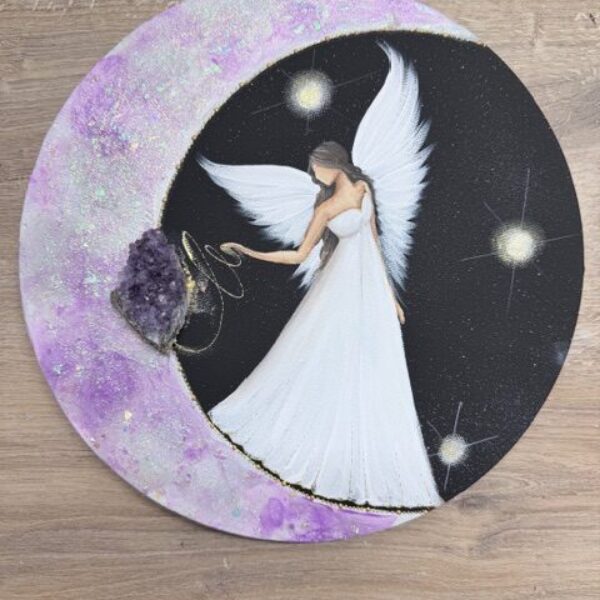 Andělský, velmi silný obraz s drúzou ametystu | Propojení se svou intuicí | 30 cm | svítí ve tmě