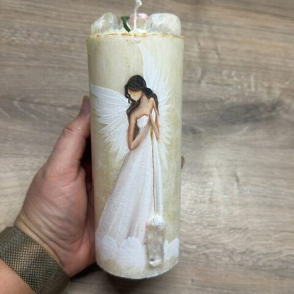 Andělská, ručně malovaná svíce s křišťály, plná laskavé energie | ROZPOMÍNÁNÍ | 16 cm 10