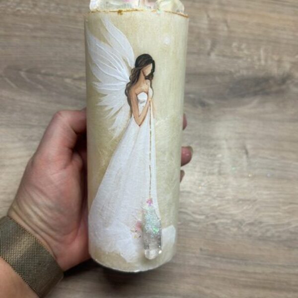 Andělská, ručně malovaná svíce s křišťály, plná laskavé energie | ROZPOMÍNÁNÍ | 16 cm 2