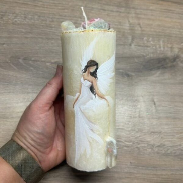 Andělská, ručně malovaná svíce s křišťály, plná laskavé energie | ROZPOMÍNÁNÍ | 16 cm 3