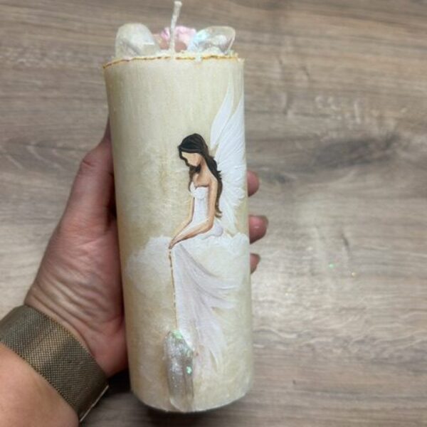 Andělská, ručně malovaná svíce s křišťály, plná laskavé energie | ROZPOMÍNÁNÍ| 16 cm 7