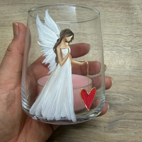 Andělský, ručně a s láskou malovaný skleněný dekorační svícen na čajovou svíčku | červená P