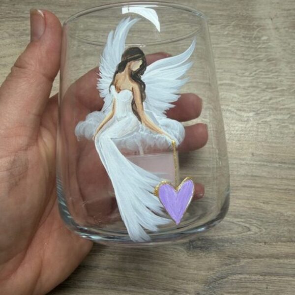 Andělský, ručně a s láskou malovaný skleněný dekorační svícen na čajovou svíčku | Fialový P