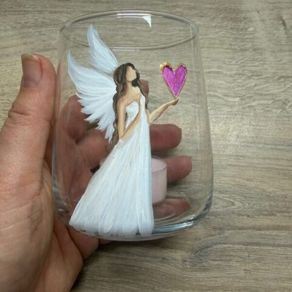 Andělský, ručně a s láskou malovaný skleněný dekorační svícen na čajovou svíčku | Fuchsiová p