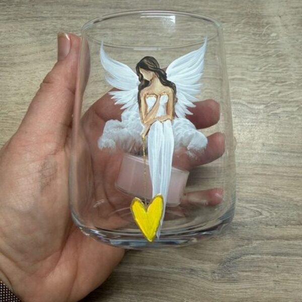 Andělský, ručně a s láskou malovaný skleněný dekorační svícen na čajovou svíčku | Žlutá l