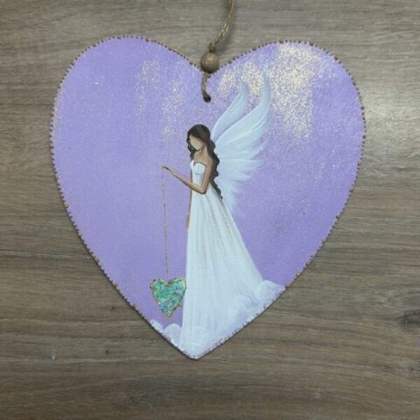 Andělské ručně malované srdce k zavěšení | 16 cm | Srdce které ví... | Fialové