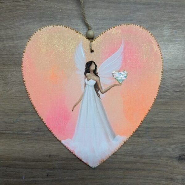 Andělské ručně malované srdce k zavěšení | 16 cm | Srdce které ví... | Oranžové