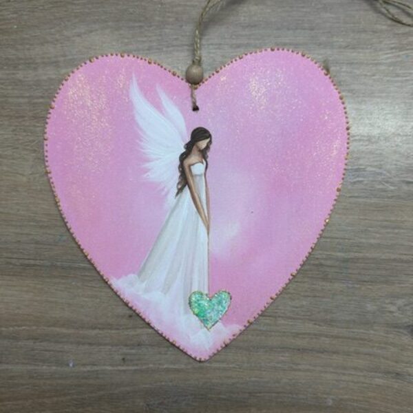 Andělské ručně malované srdce k zavěšení | 16 cm | Srdce které ví... | Růžové