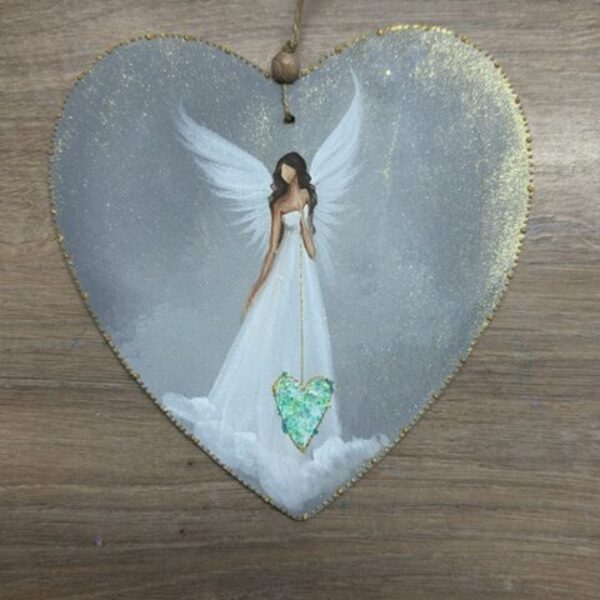 Andělské ručně malované srdce k zavěšení | 16 cm | Srdce které ví... | Šedé