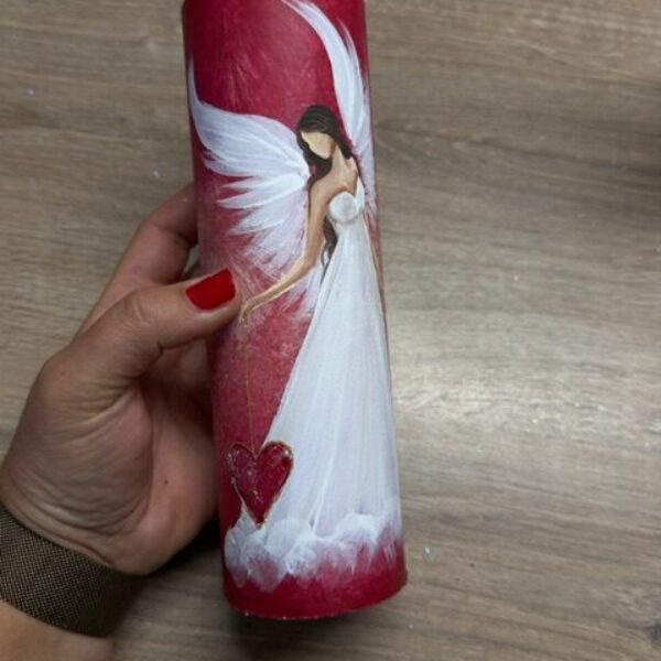 Velmi silná andělská, ochranná svíce s křišťálem a růžičkou | Láska | 20 cm | 10