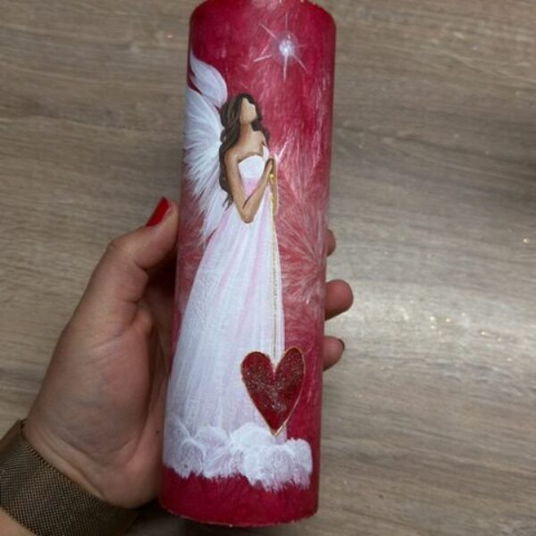 Velmi silná andělská, ochranná svíce s křišťálem a růžičkou | Láska | 20 cm | 4