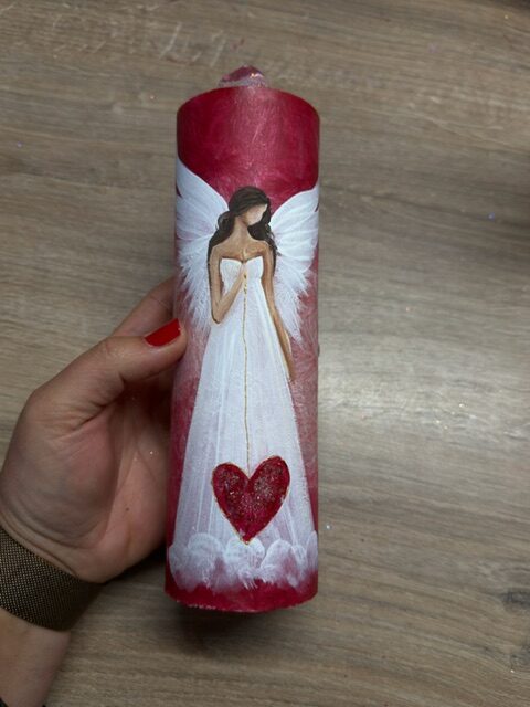 Velmi silná andělská, ochranná svíce s křišťálem a růžičkou | Láska | 20 cm | 6