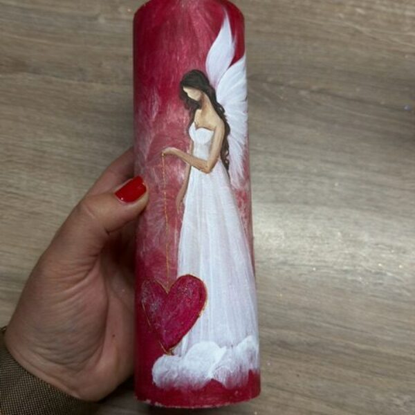 Velmi silná andělská, ochranná svíce s křišťálem a růžičkou | Láska | 20 cm | 8