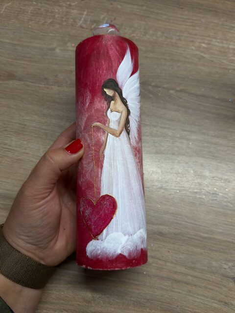 Velmi silná andělská, ochranná svíce s křišťálem a růžičkou | Láska | 20 cm | 8