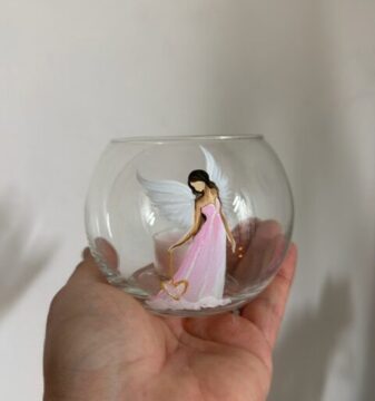 Andělský, ručně malovaný svícen buláček od autorky Michaely Němcové | Růžový | 4 Andělský, ručně a s láskou malovaný skleněný dekorační svícen na čajovou svíčku | Růžový | 4