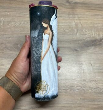 Velmi silná andělská, ochranná svíce s ametystem | Spirála hojnosti | 20 cm | Černá 7