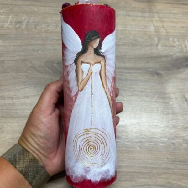 Velmi silná andělská, ochranná svíce s křišťálem | Spirála hojnosti | 20 cm | Červená 2