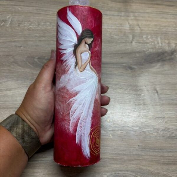 Velmi silná andělská, ochranná svíce s křišťálem | Spirála hojnosti | 20 cm | Červená 5