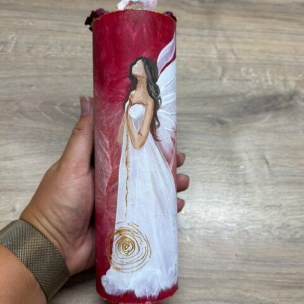 Velmi silná andělská, ochranná svíce s křišťálem | Spirála hojnosti | 20 cm | Červená 8