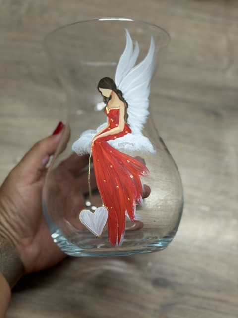 Andělská, ručně malovaná skleněná váza | 17,5 cm | Červená | 1