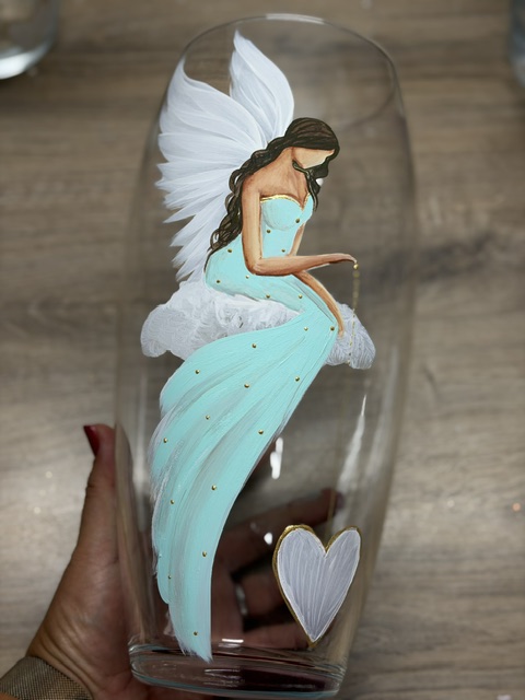 Andělská, ručně malovaná skleněná váza velká | 27 cm | Mint